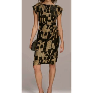 NWT Donna Karan NY Black Burnout Velvet Gold Geometric Short Sleeve Dress Sz 12